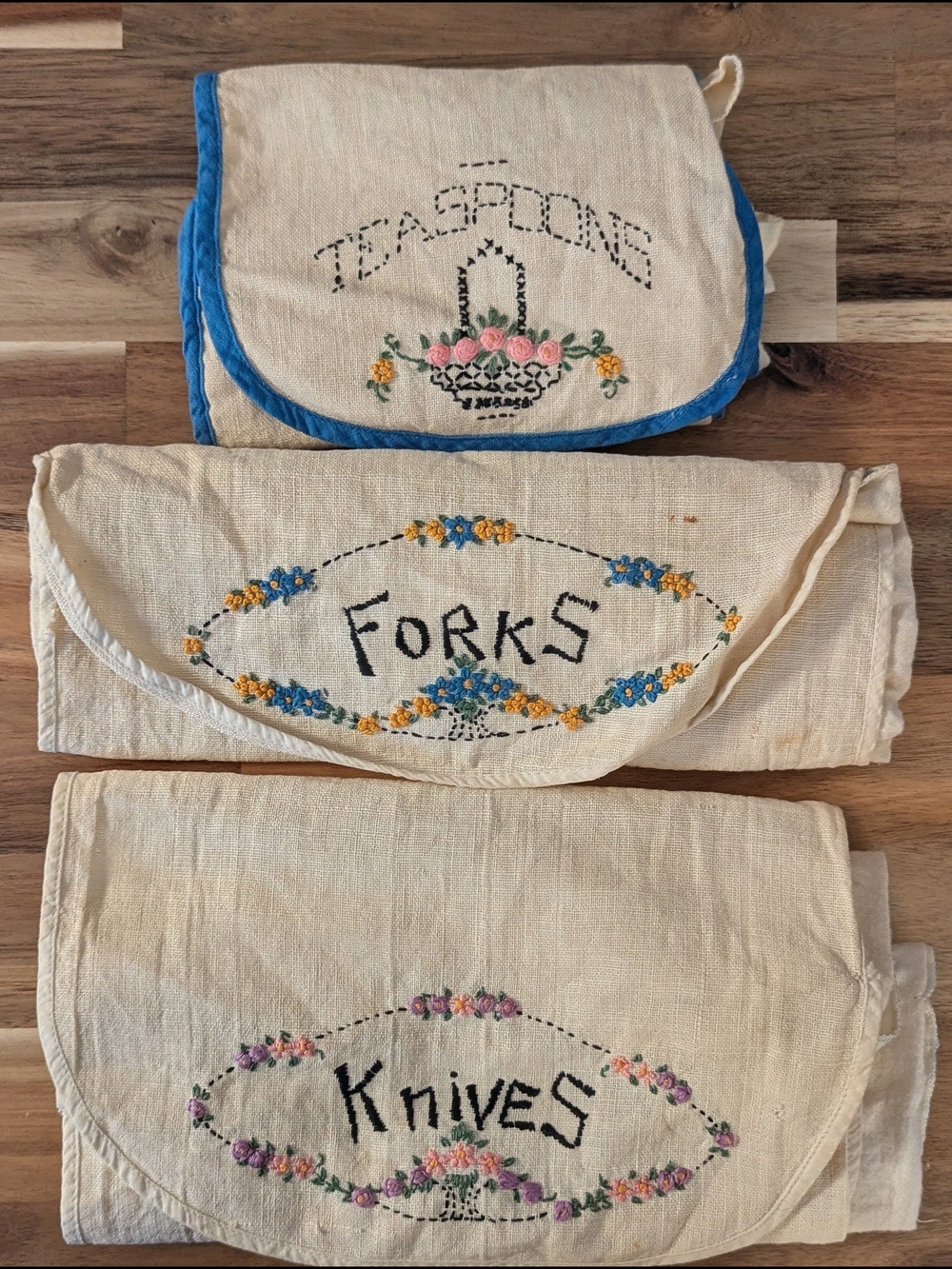 Hand Embroidered Linen Flatware Storage Rolls - Set of 3- Vintage